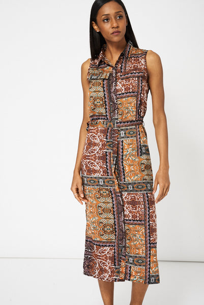 Belted Sleeveless Midi Shirt With Abstract Print