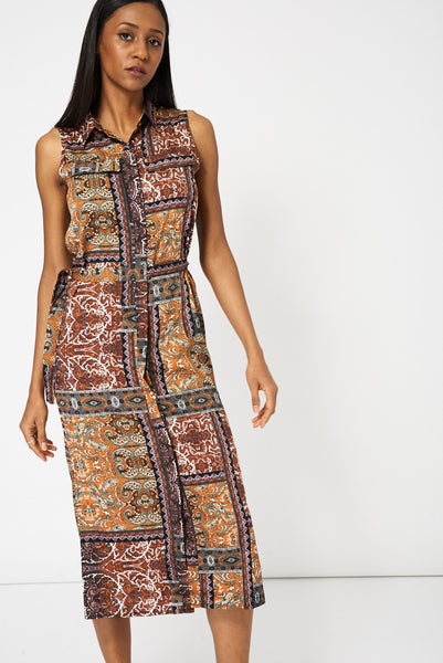 Belted Sleeveless Midi Shirt With Abstract Print