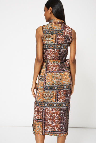 Belted Sleeveless Midi Shirt With Abstract Print