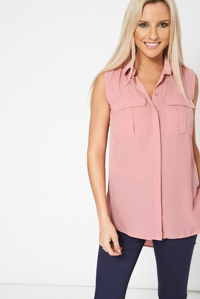 Pink Sleeveless Shirt With Front Pockets Ex-Branded Available In Plus Sizes