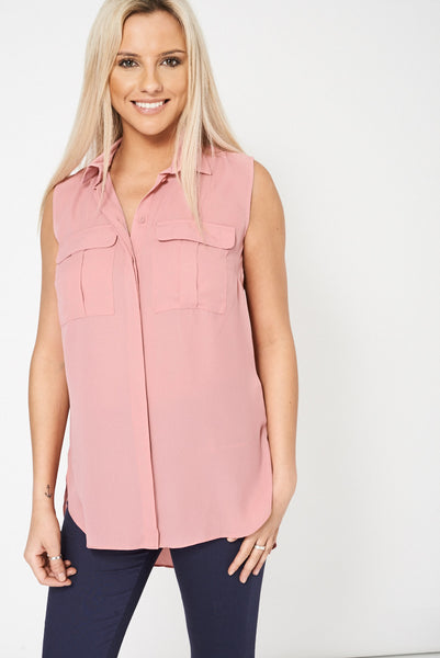 Pink Sleeveless Shirt With Front Pockets Ex-Branded Available In Plus Sizes