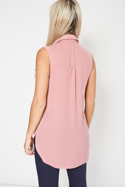 Pink Sleeveless Shirt With Front Pockets Ex-Branded Available In Plus Sizes