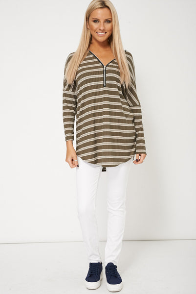 Striped Top With Front Zip Loose Style