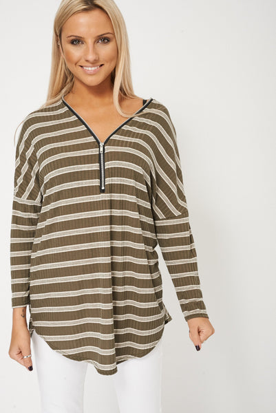 Striped Top With Front Zip Loose Style