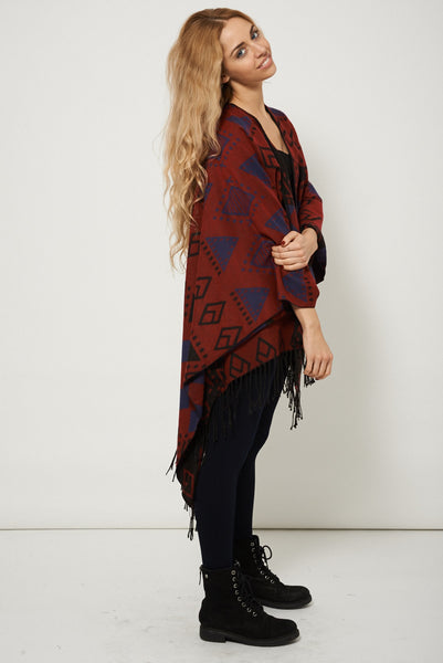 Chic Geometric Print Open Front Fringe Poncho