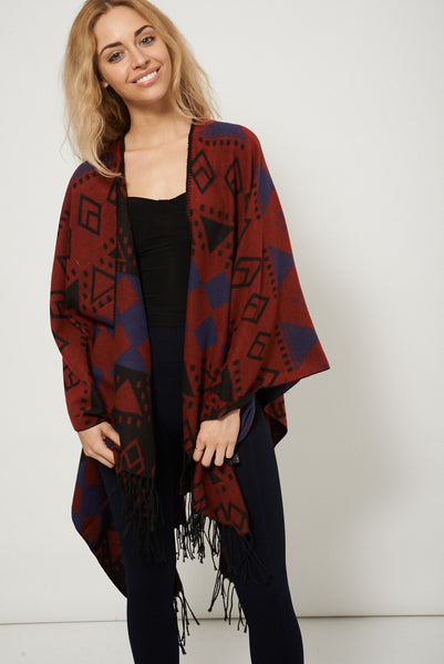 Chic Geometric Print Open Front Fringe Poncho