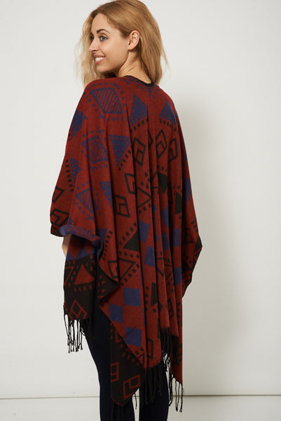 Chic Geometric Print Open Front Fringe Poncho