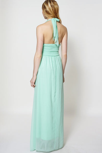 Halter Neck Draped Top Glass Beads Detail Evening Maxi Dress