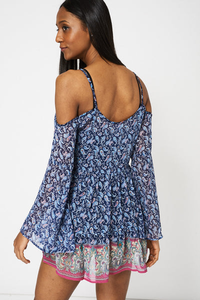 Abstract Print Cold Shoulder See-Through Blouse