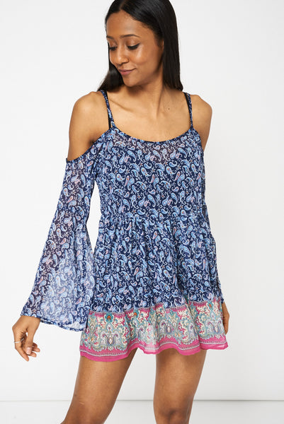 Abstract Print Cold Shoulder See-Through Blouse