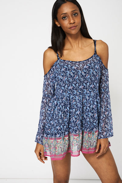 Abstract Print Cold Shoulder See-Through Blouse