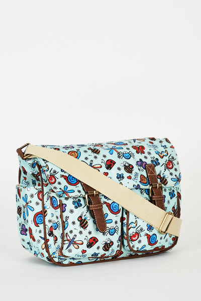 Bugs Pattern Zip Fastening Blue Satchel Bag