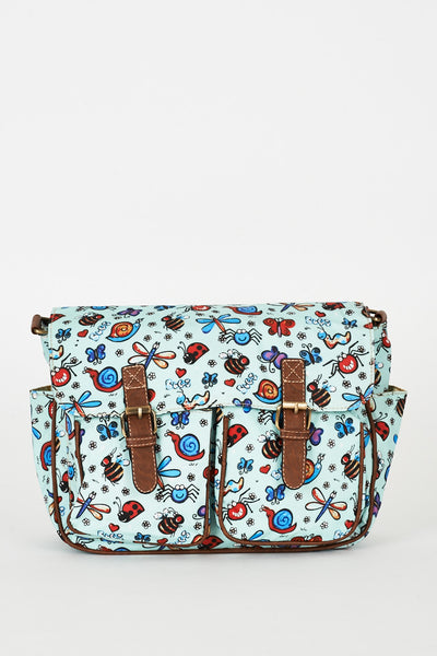 Bugs Pattern Zip Fastening Blue Satchel Bag