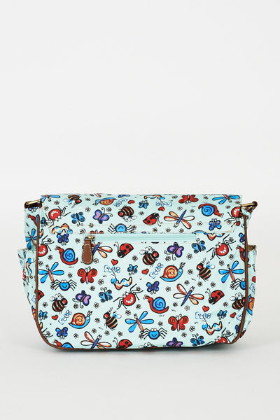 Bugs Pattern Zip Fastening Blue Satchel Bag