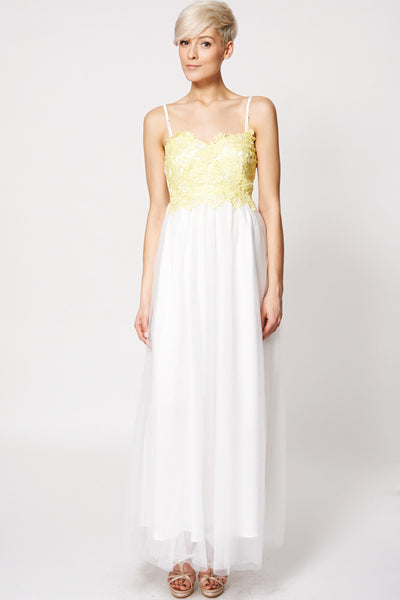 Yellow Crochet Top Shoulder Strap Tulle Evening Dress