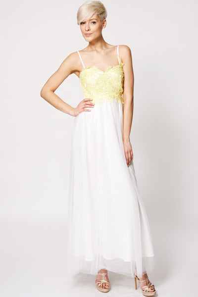 Yellow Crochet Top Shoulder Strap Tulle Evening Dress