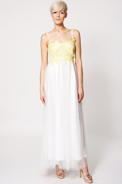 Yellow Crochet Top Shoulder Strap Tulle Evening Dress