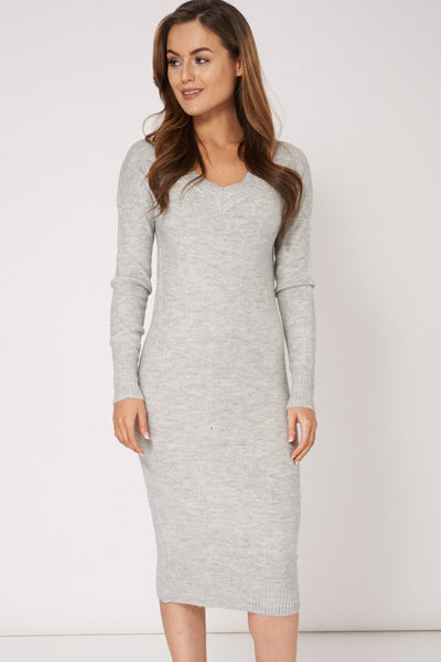 Grey V Neck Knitted Sweater Dress Ex-Branded Plus Sizes Available