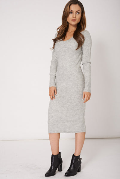 Grey V Neck Knitted Sweater Dress Ex-Branded Plus Sizes Available