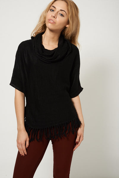 Fringed Hem Cowl Neck Sweater