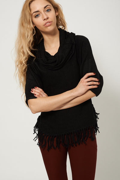 Fringed Hem Cowl Neck Sweater