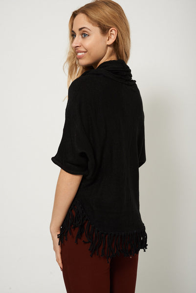 Fringed Hem Cowl Neck Sweater