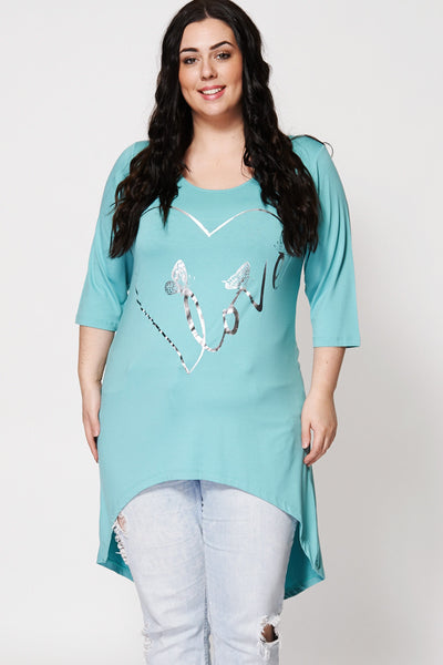 Love And Butterfly Print Dipped Hem Tunic Top