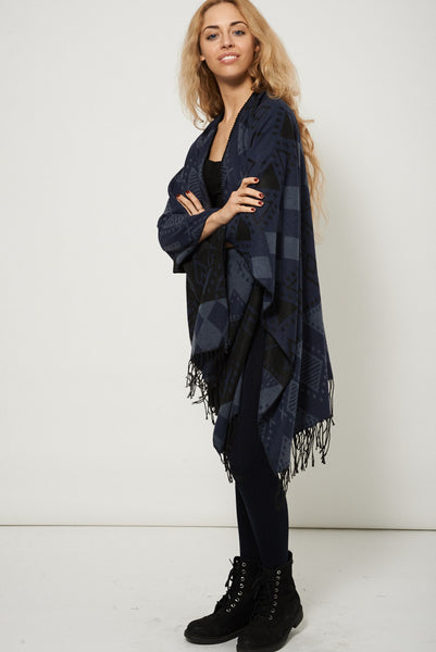 Blue Geometric Print Open Front Fringe Poncho