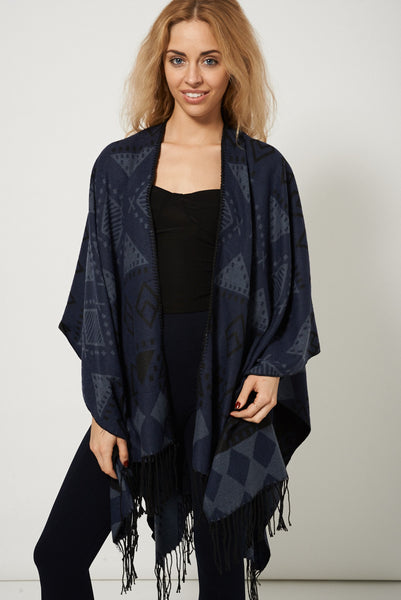 Blue Geometric Print Open Front Fringe Poncho