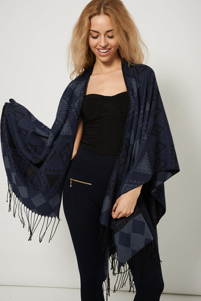 Blue Geometric Print Open Front Fringe Poncho