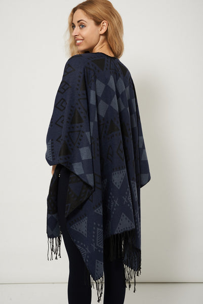 Blue Geometric Print Open Front Fringe Poncho