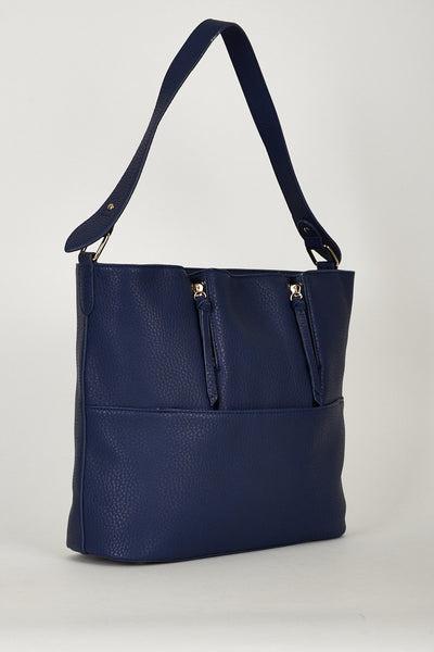 Medium Navy Textured Tote Bag With Decorative Zippers