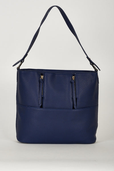 Medium Navy Textured Tote Bag With Decorative Zippers