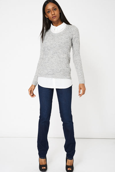 Grey Chiffon Collar Knitted Jumper Ex-Branded Available In Plus Sizes