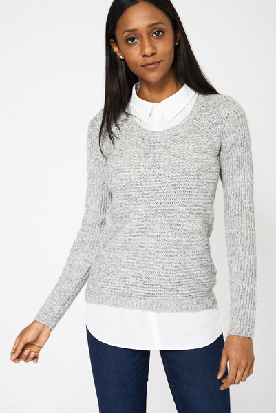 Grey Chiffon Collar Knitted Jumper Ex-Branded Available In Plus Sizes