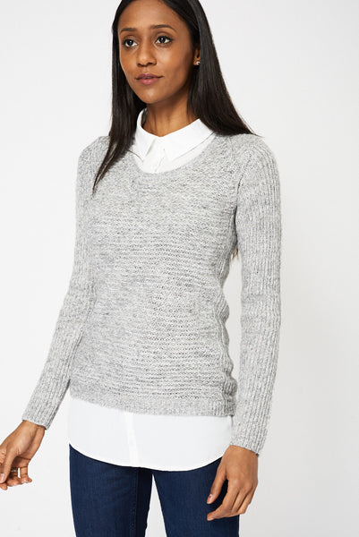 Grey Chiffon Collar Knitted Jumper Ex-Branded Available In Plus Sizes