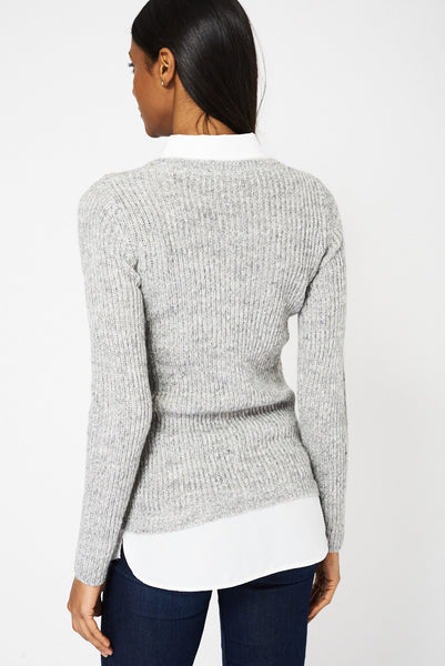 Grey Chiffon Collar Knitted Jumper Ex-Branded Available In Plus Sizes