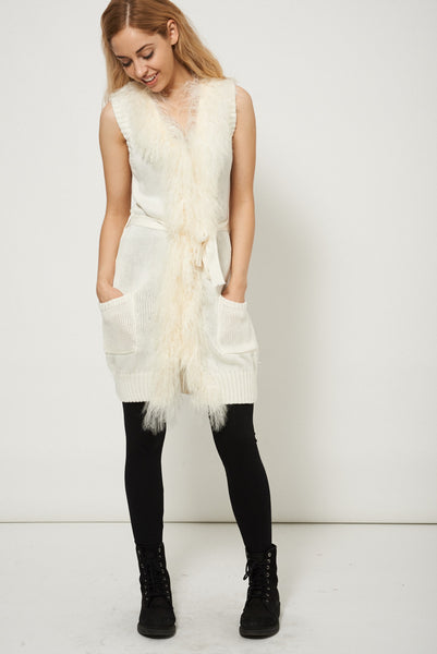 Sleeveless Knitted Fur Cardigan With Pockets