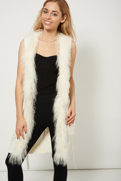 Sleeveless Knitted Fur Cardigan With Pockets