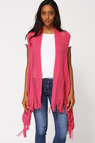 Pink Sleeveless Loose Knit Open Cardigan