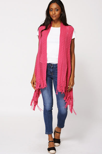 Pink Sleeveless Loose Knit Open Cardigan
