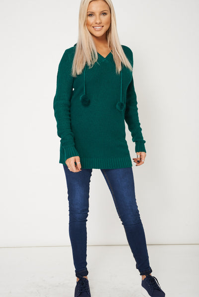 Hooded Knitted Jumper With Pom Pom