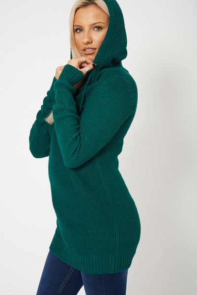 Hooded Knitted Jumper With Pom Pom