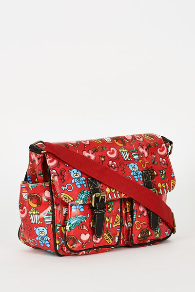 Red Printed Zip Fastening Satchel Bag