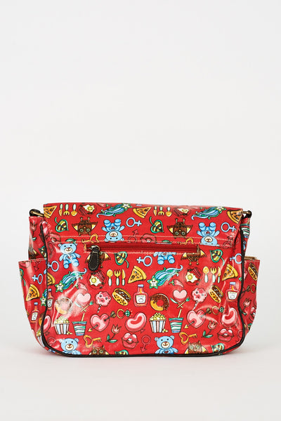 Red Printed Zip Fastening Satchel Bag