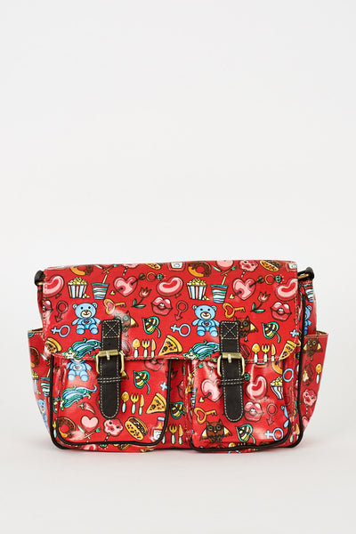 Red Printed Zip Fastening Satchel Bag