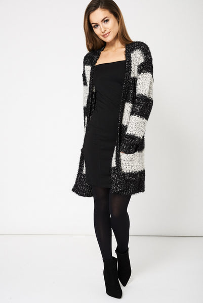 Stripped Fluffy Feel Knitted Cardigan Ex-Branded Available In Plus Sizes