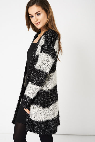 Stripped Fluffy Feel Knitted Cardigan Ex-Branded Available In Plus Sizes