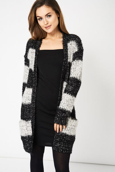 Stripped Fluffy Feel Knitted Cardigan Ex-Branded Available In Plus Sizes