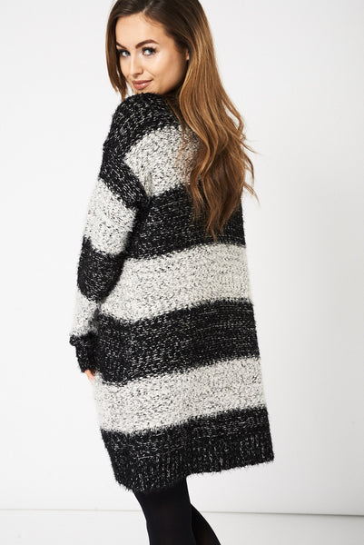 Stripped Fluffy Feel Knitted Cardigan Ex-Branded Available In Plus Sizes